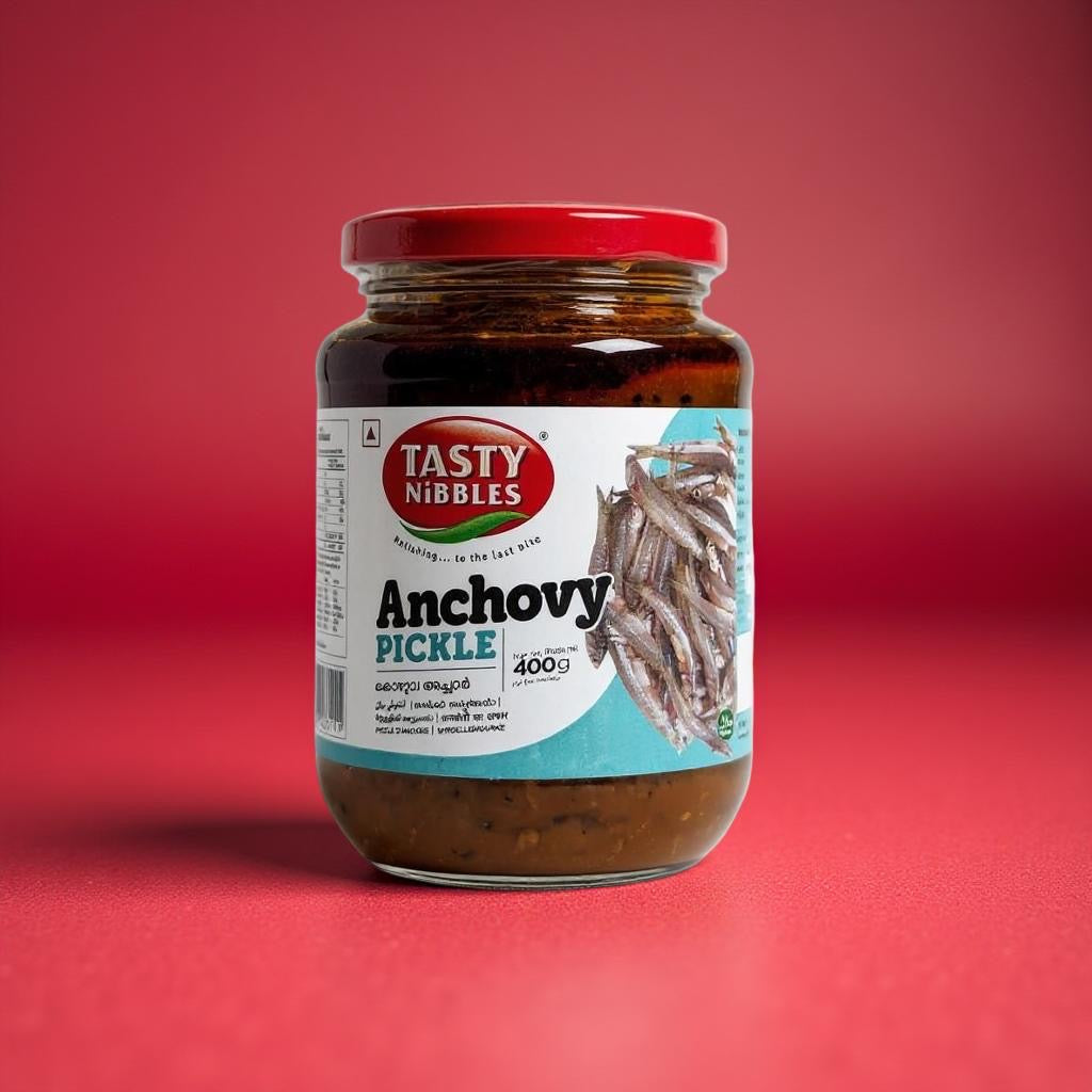 Jar of Tasty Nibbles Anchovy Pickle on a red background