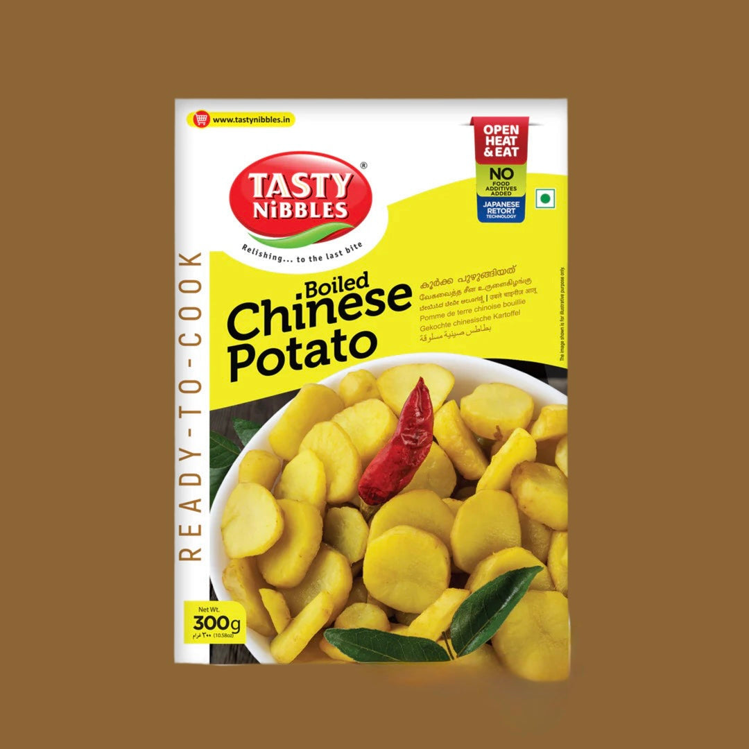 Tasty Nibbles Boiled Chinese Potato packaging on a brown background