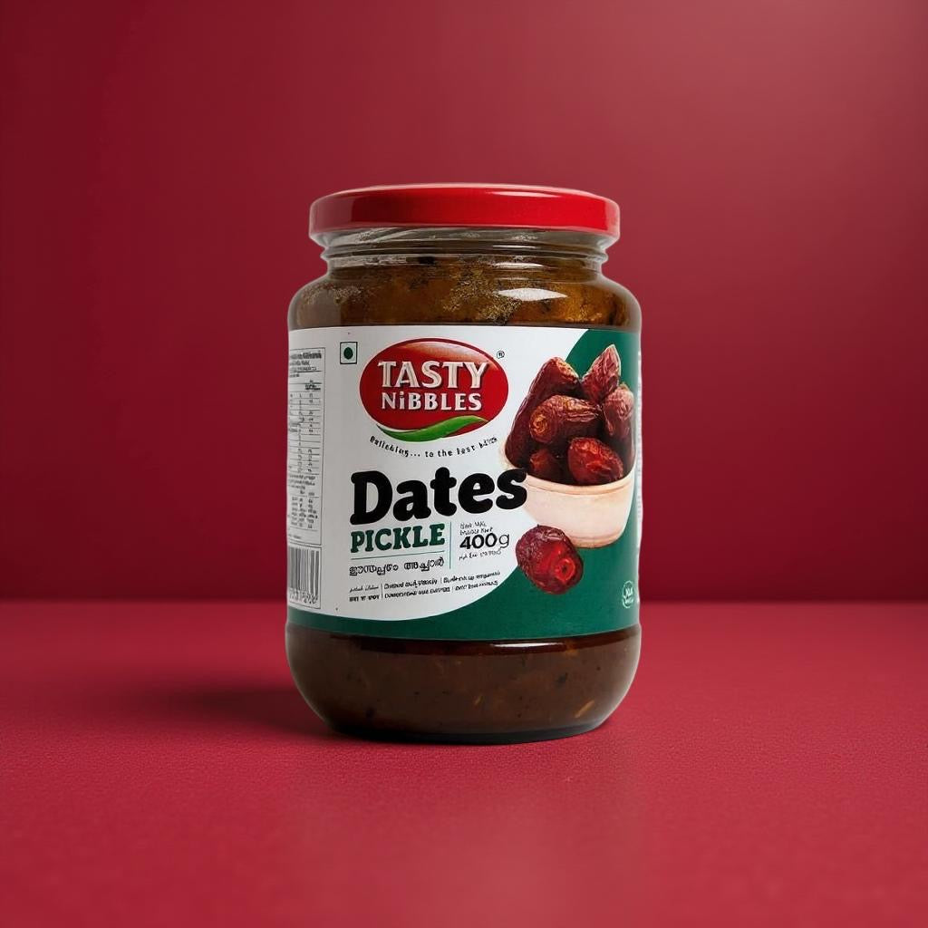 Jar of Tasty Nibbles Dates Pickle on a red background