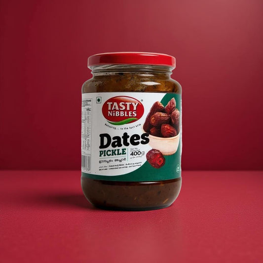 Jar of Tasty Nibbles Dates Pickle on a red background