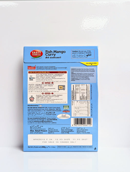 Back view of a blue Fazoli's Fish Mango Curry package on a white background