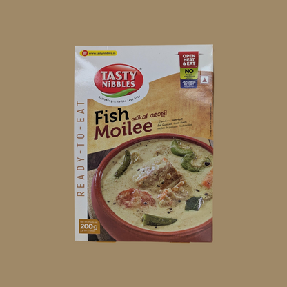Tasty Nibbles Fish Moilee ready-to-eat food package on a beige background