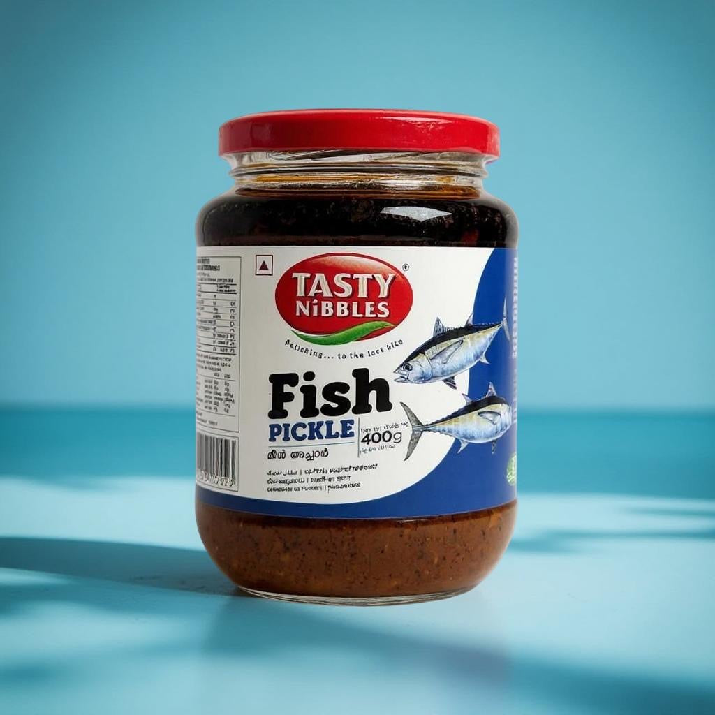 Jar of Tasty Nibbles Fish Pickle on a blue background