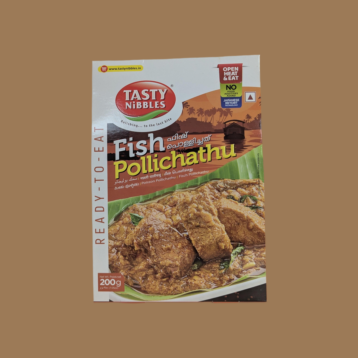 Tasty Nibbles Fish Pollichathu packaging on a beige background