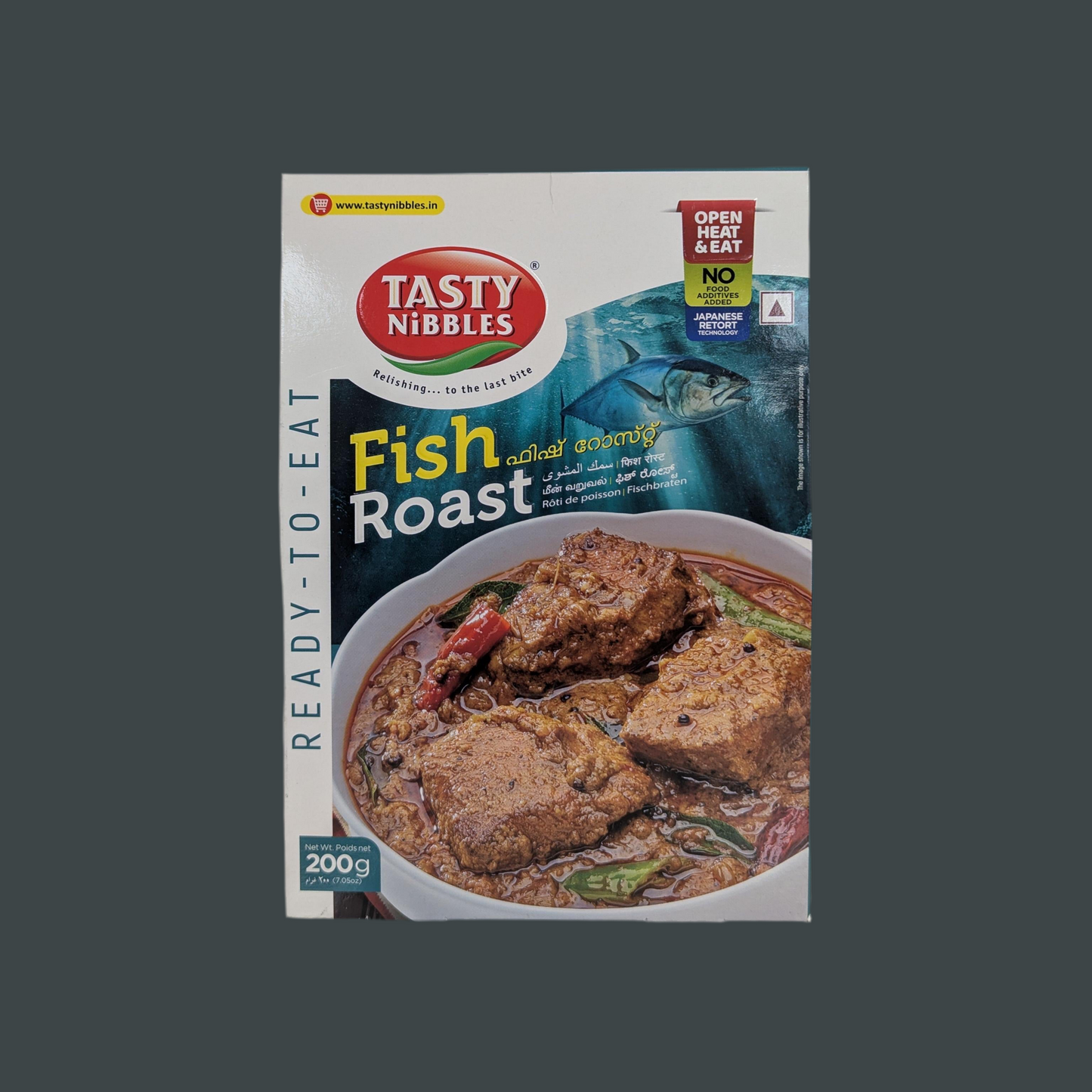 Tasty Nibbles Fish Roast packaging on a gray background