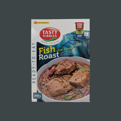 Tasty Nibbles Fish Roast packaging on a gray background