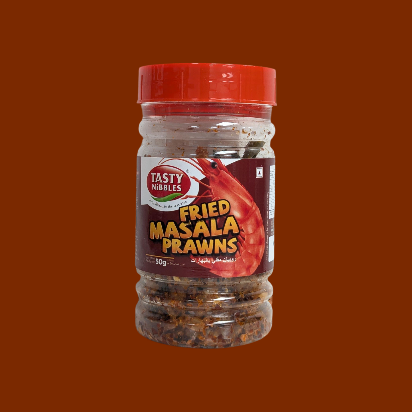 Jar of Tasty Nibbles Fried Masala Prawns on a brown background