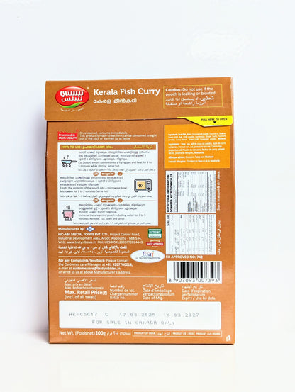 Kerala Fish Curry package with nutritional information on a white background