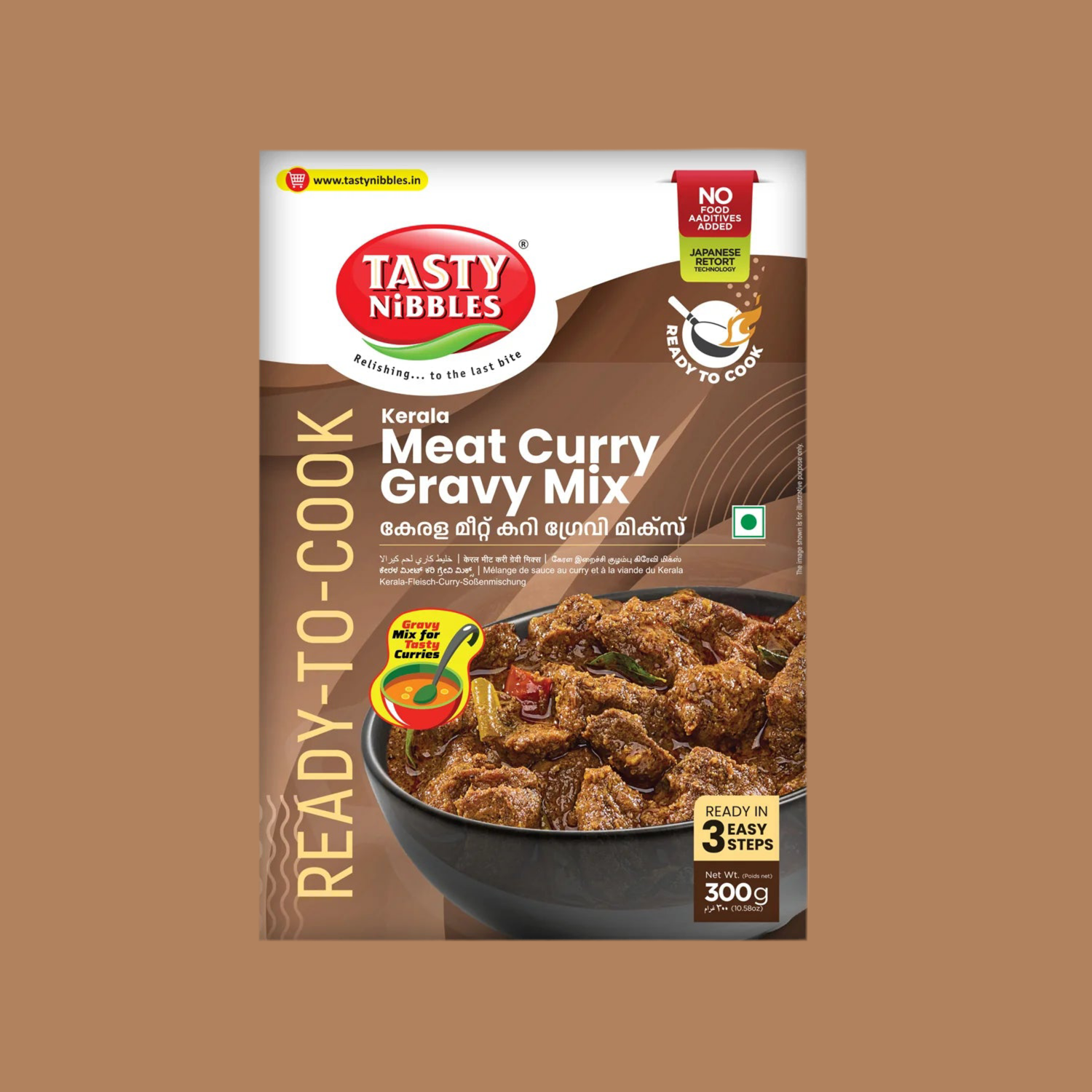 Tasty Nibbles Kerala Meat Curry Gravy Mix packaging on a brown background