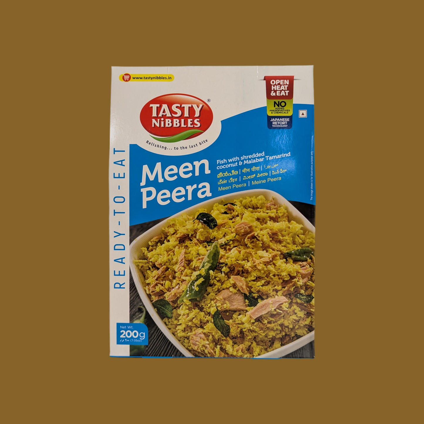Tasty Nibbles Meen Peera ready-to-eat food packaging on a brown background