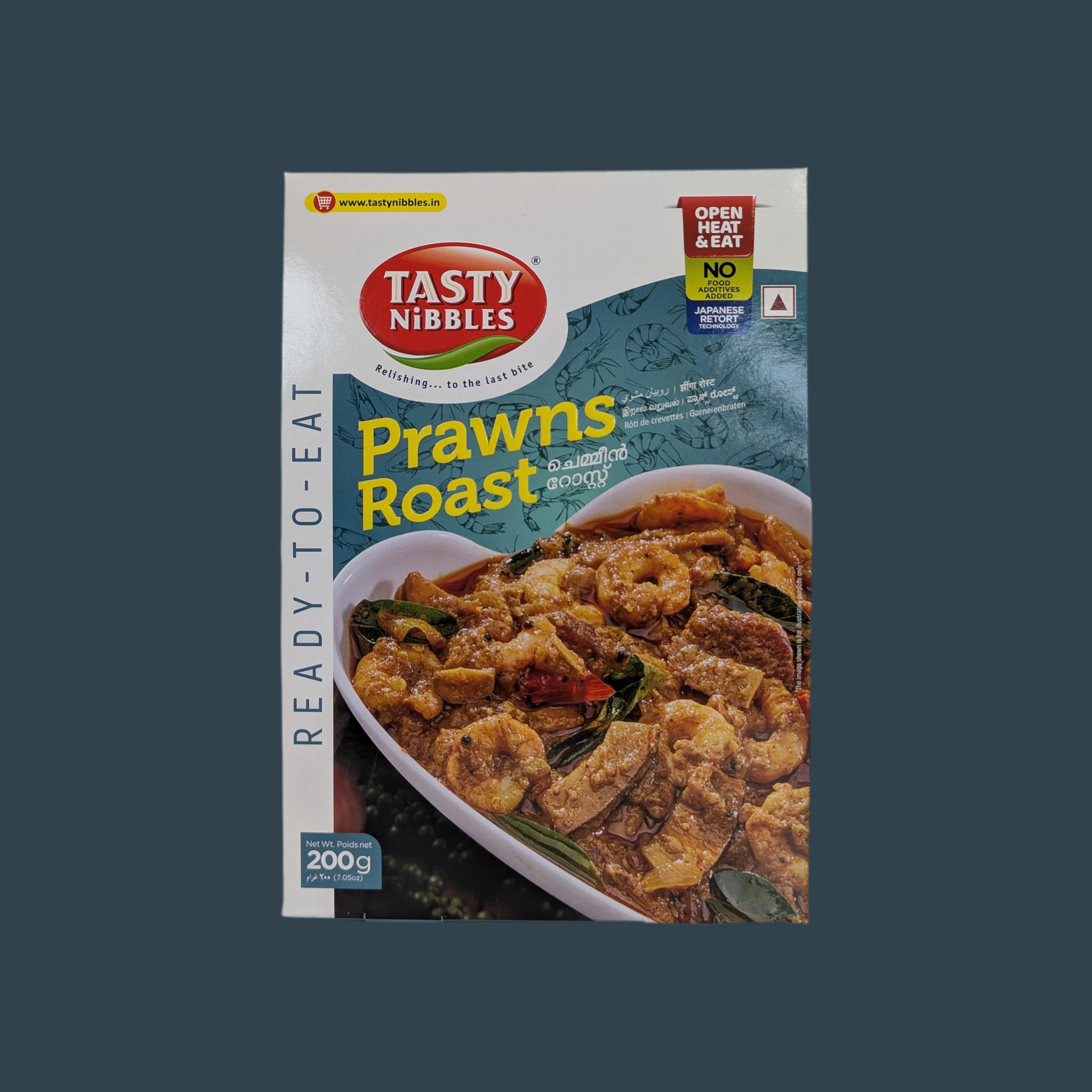 Tasty Nibbles Prawns Roast packaging on a dark background