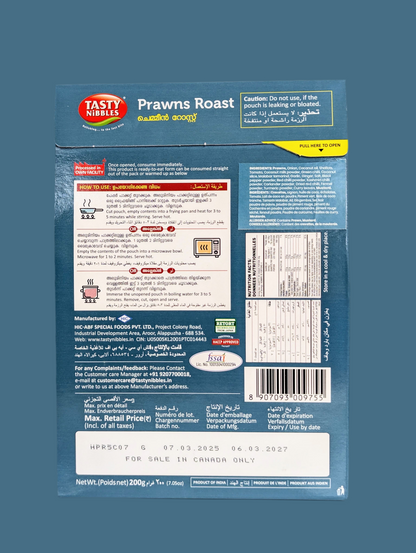 Back of a Tasty Morsels prawns roast packaging with text and labels.