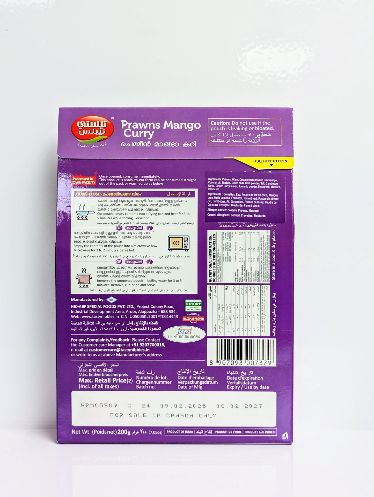 Purple Prawn Curry package with text and nutrition information on a white background