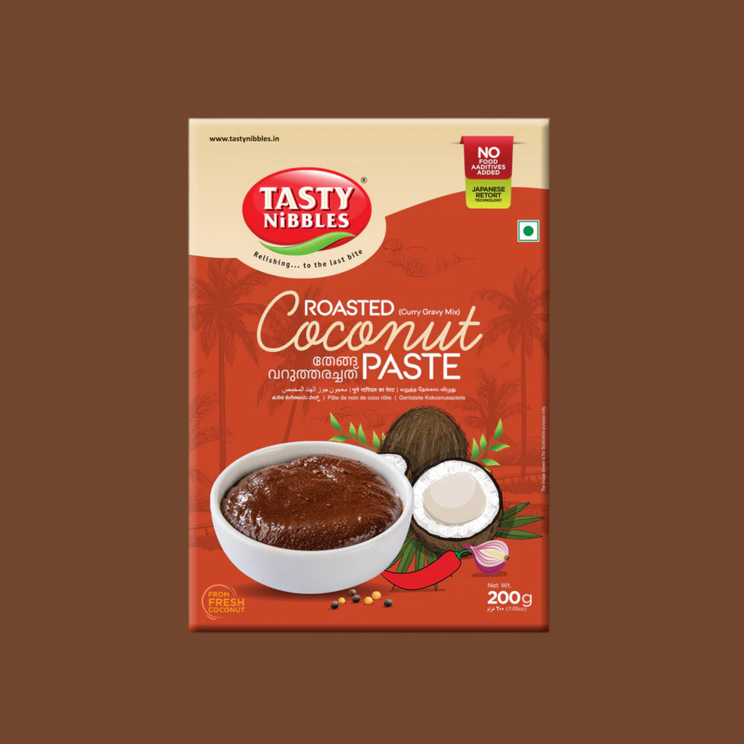 Tasty Nibbles Roasted Coconut Paste packaging on a brown background