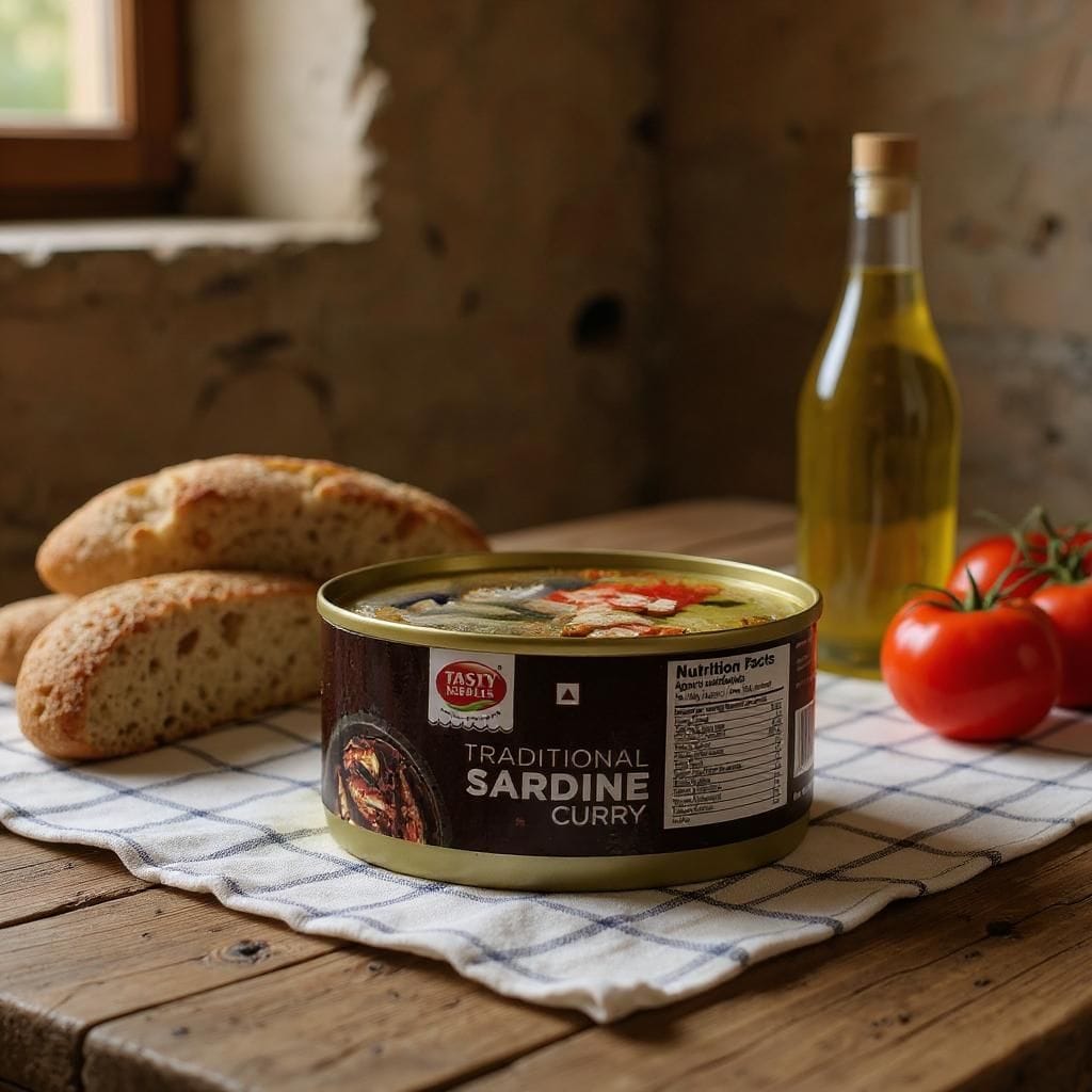 Can of traditional sardine curry on a wooden table with bread and tomatoes.