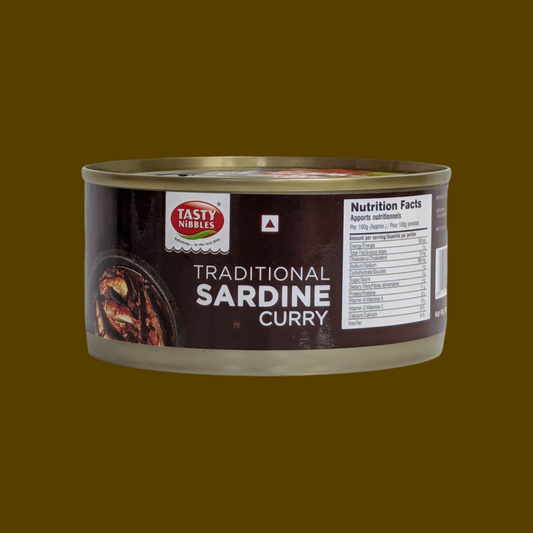 Can of Tasty Nibbles Traditional Sardine Curry on a brown background