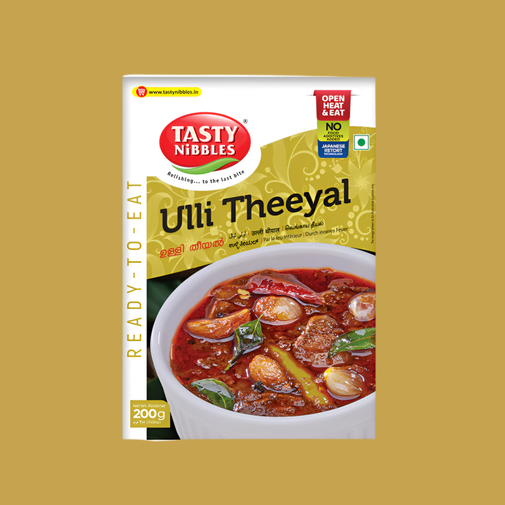 Tasty Nibbles Ulli Theeyal packaging on a gold background