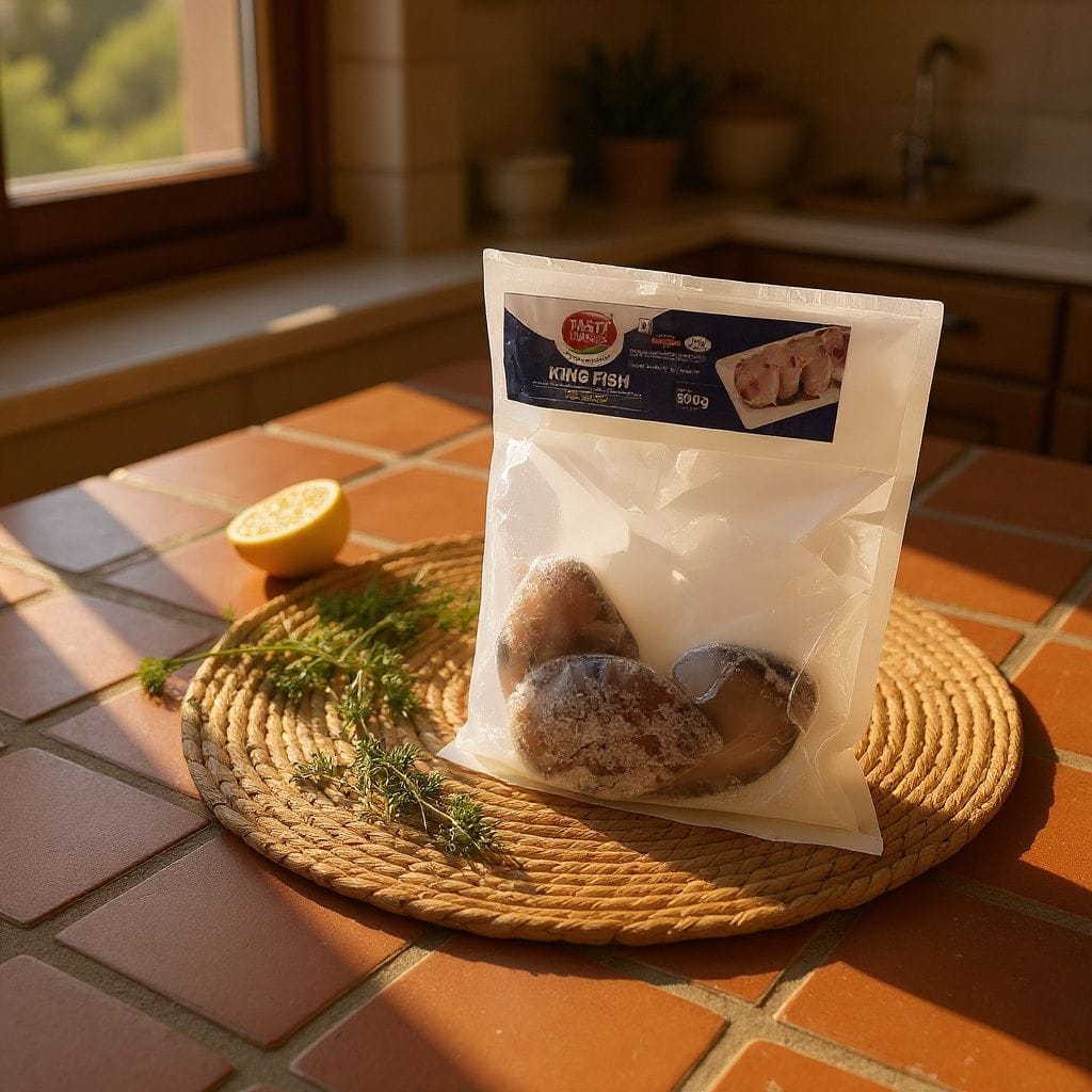 Packaged kingfish on a woven mat with a lemon and herbs on a tiled kitchen counter.
