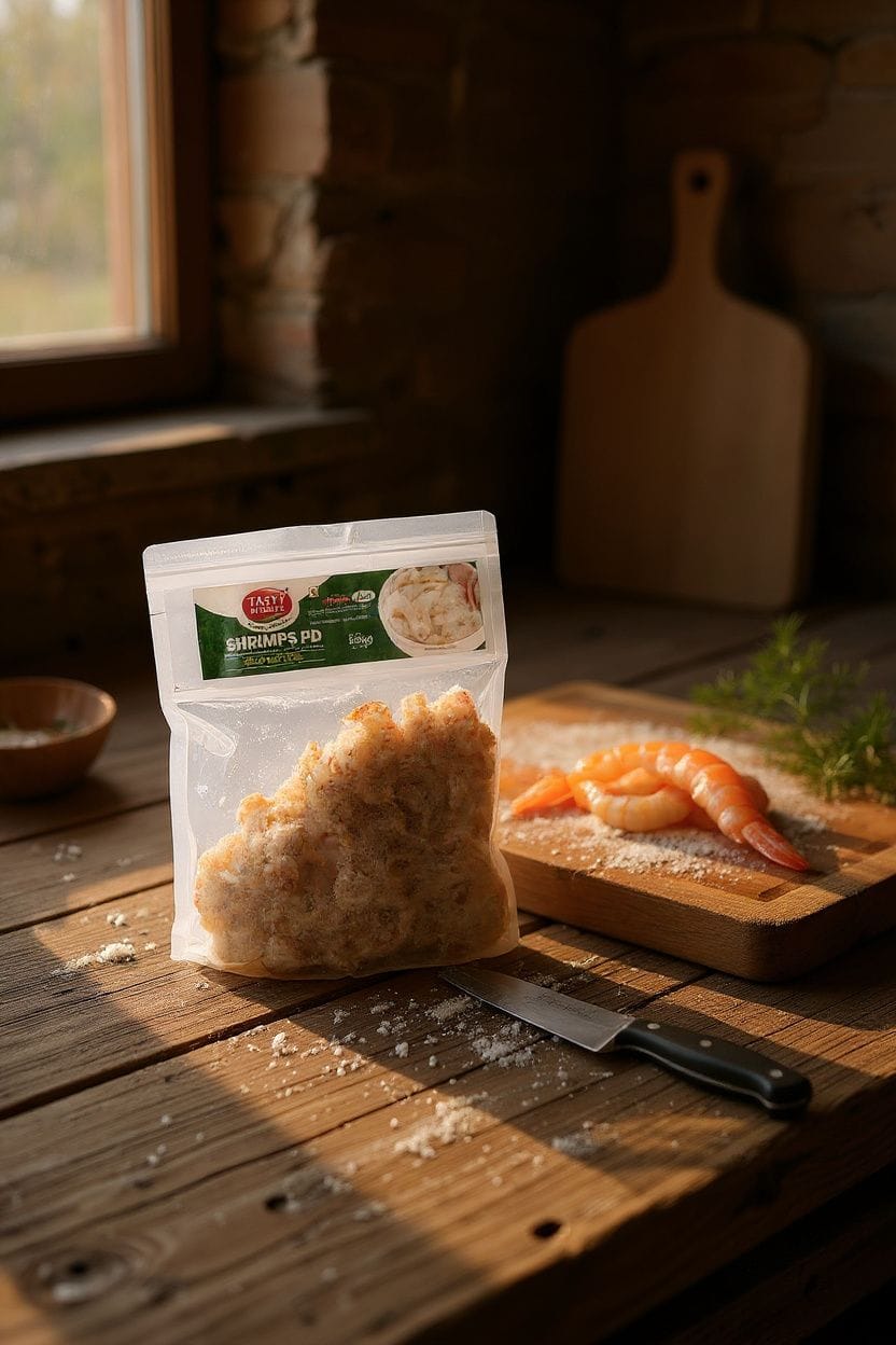 Packaged bread on a wooden table with shrimp and a knife, rustic background