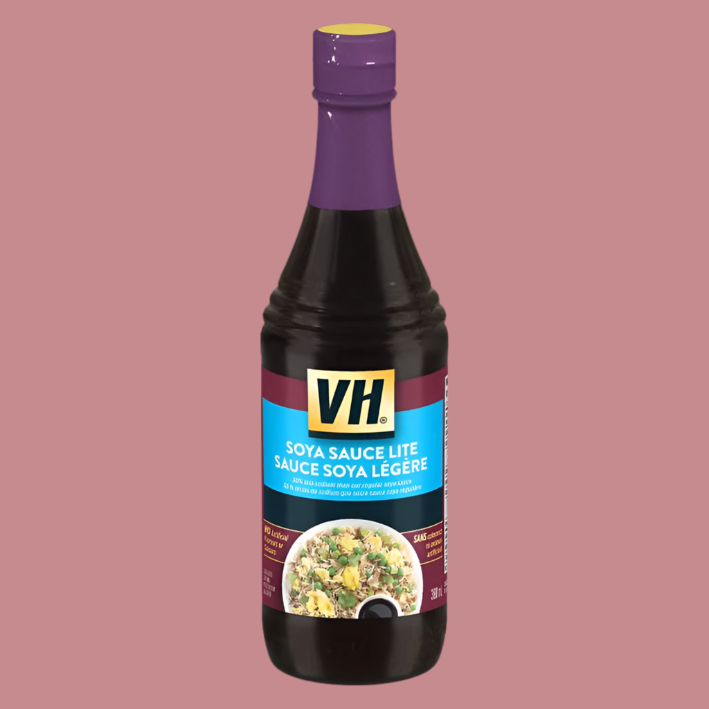Bottle of VH Soya Sauce Lite on a pink background