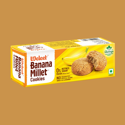 Box of Weleet Banana Millet Cookies on a brown background