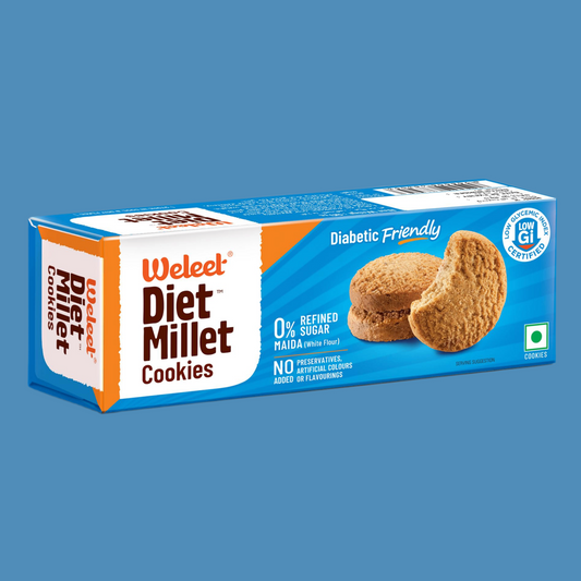 Box of Weleet Diet Millet Cookies on a blue background