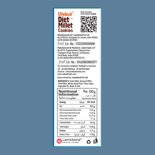 Weetabix Diet Millet Cookies label with nutritional information on a blue background