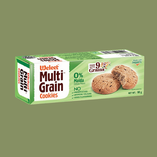 Box of Weltev Multi Grain Cookies on a green background