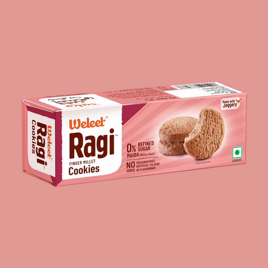 Box of Weleet Ragi Cookies on a pink background