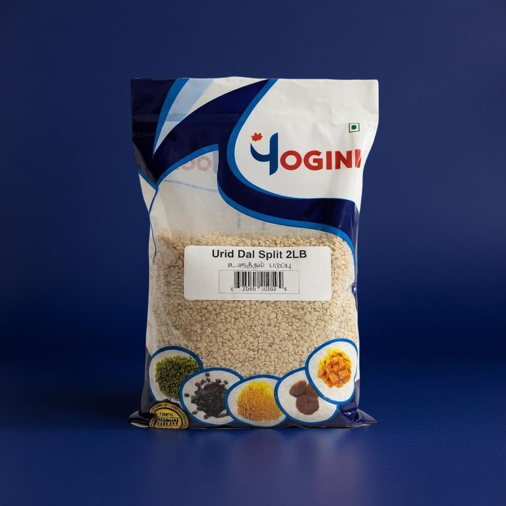 Bag of Yogin Urid Dal Split 2LB on a blue background